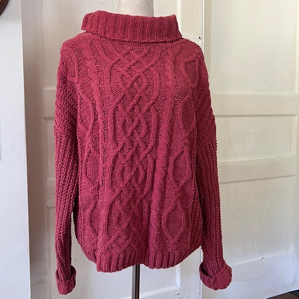 NWT LOVE TREE CABLE SWEATER SZ MED SOFT CHENILLE DROP SHOULDER CORAL/PINK